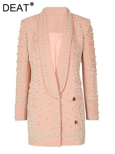 Abiti da donna Blazer DEAT Moda Blazer da donna Fatto a mano Perle Collo a scialle con perline Petto nascosto Maniche lunghe Giacche Primavera 17A4050H 231212