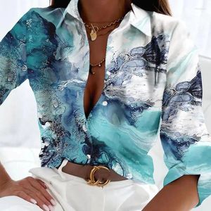 Blusas femininas estampa abstrata manga longa botão para baixo camisa feminina tie dye único breasted outono turn colarinho fino ajuste moda