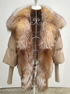 Piumino da donna FURYOUME Cappotto invernale da donna Piumino d'anatra bianco con grande collo in vera pelliccia di volpe argentata Capispalla allentato femminile Cappotto di moda 231212