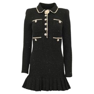 Outono e inverno clássico preto elegante vestido de malha de botão com pequeno vento perfumado manga longa camisola vestido curto