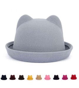 Модная шляпа-котелок для родителей и детей, шерстяные фетровые шляпы Fedora для женщин и девочек, однотонные кошачьи ушки, формальная кепка, трилби, сомбреро, дерби Y1116008887