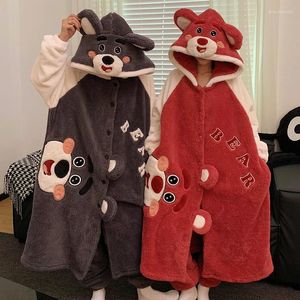 Women's Sleepwear Kawaii Bear Winter Thicken Women Men Pajamas Robes Warm Plush Nightgown Fleece Loose Lovers Hooded Soft Pijama