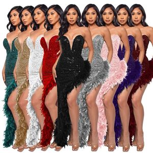 Felyn 2023 novo design de moda vestido sólido lantejoulas sem alças pena hem sexy celebridade festa maxi vestido vestidos 231213