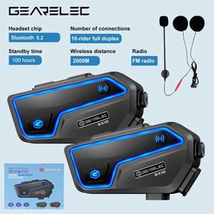 Motorcykel Intercom Gearelec GX10 Motorcykel Intercom Hjälm Bluetooth Headset 10 Riders 2 km Moto Communicator Interphone FM Music Sharing PK B4FM-XL231153