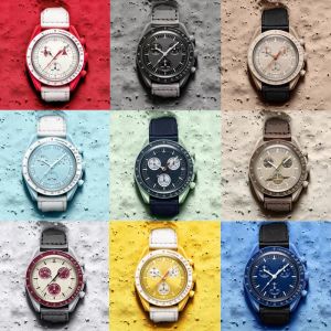 Mens Watches 고품질 바이오 세라믹 행성 Moon Watch 전체 기능 Quarz 크로노 그래프 움직임 시계 방수 발광 가죽 스트랩