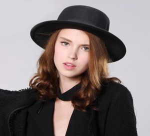 Women039s Cappelli a cupola piatta in lana Cappellino da sole in lana Porkpie con fascia in nastro nero Cappello Fedora in lana tinta unita Sombrero6237377