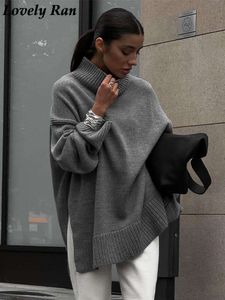 Elegant Mohair Turtleneck Knit tröjor Kvinnor Split Bat Sleeve Loose Pullover Tops Female Autumn Winter Fashion Stickers Jumpers
