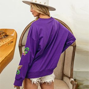 Hoodies للنساء من النوع الثقيل 2024 نساء Mardi Gras Sweatshirt الزي الترتر الأخضر الأرجواني الطاقم الأصفر الدهون الملابس الثلاثاء للسيدات