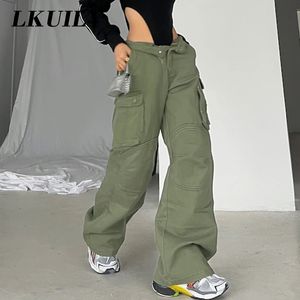 Kadın Pantolon S Ordu Yeşil Bulbalı Kargo Kot Pantolon Y2K Vintage Kadınlar Düğme Cepleri Yüksek Bel Street Giyim 90s Pantolon Düz Geniş Bacak 231213