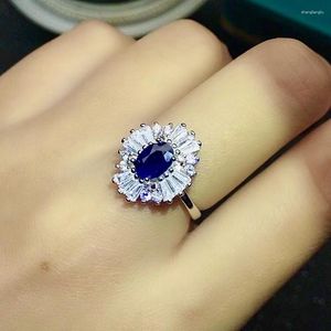 Küme Yüzükleri 0.7CT 5mm 7mm Doğal Koyu Mavi Safir Yüzüğü Parti Gümüş Gümüş Katı 925 Takı