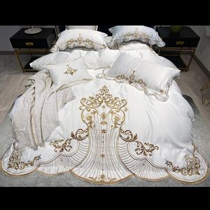 Bedding sets White Soft Satin Cotton Gold Embroidery European Bedding Set Double Duvet Cover Bed Linen Lace Bed Skirt Pillowcases 231212