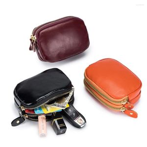 Plånböcker Kvinnor Cowhide Double Zipper Portable Bag Card Holder Lipstick Case Läder Mini Earphone Change Coin Purse för kvinnlig