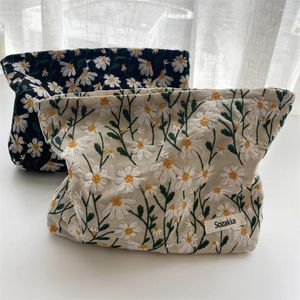 Sacos cosméticos margarida flor organizador de viagem bordado bolsa de maquiagem lona papelaria zíper portátil para mulher menina