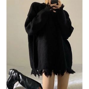 Womens Sweaters Deeptown Gothic Style Punk Black Knitted Sweater Super Large ONeck Goth Grunge Lacquered Korean Fashion Long sleeved Top 231213