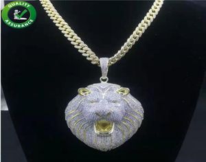 Real 14K Gold Jewelry Mens Iced Out Big Lion Head Pendant med kubansk länkkedja Hip Hop Halsband Rapper Fashion Accessories8301310