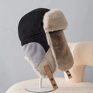 Trapper Hats Plus Velvet Splicing Bomber Hat Men Women Warm Pilot Cap Winter Cycling Wind Cold Korean Ear Protection Russia 231212