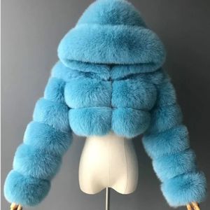 Skóra dla kobiet sztuczna zimowa moda z kapturem Futrzany płaszcz ciepły plus rozmiar 8xl Furry Overcoat Kobieta elegancka pluszowa kurtka upraw Mujer 231213