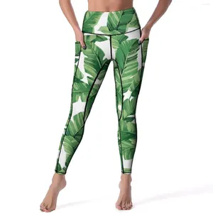 Aktywne spodnie Banan Leaf Leggingi Tropical Print Push Up Joga Sweet Stretch Legging Wzory treningowy sport