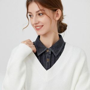Laços lavados camisa jeans gola falsa suéter infantil decorativo