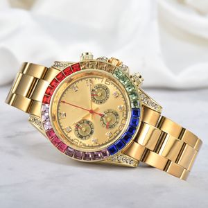 Rainbow Diamond Watch Mens Upper White Oh Designer Quartz Chronograph Stone With Box 904 rostfritt stål Frameless Orologio Couples Watch