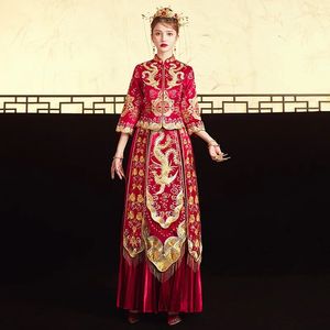 Abbigliamento etnico Abito da sposa cinese Elegante colletto rosso alla coreana Ricamo Phoenix Manica a tre quarti Xiuhe Abito retrò Tang 231212
