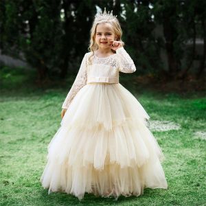 Simple Long Flower Girl Dresses Jewel Neck Tulle Full Sleeves with Sash Lace Applique Ball Gown Tiered Floor Length Custom Made for Wedding Party