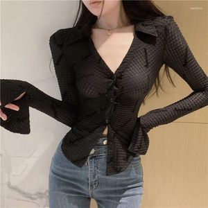 Women's T Shirts CINESSD 2023 Sexy Half-Open Collar Long Sleeve Small Cardigan Waist-Tight Simple Letter Jacket Short Bottoming Shirt