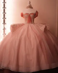 Розовые платья принцессы Quinceanera с кружевной аппликацией Vestidos De Quinceanera с открытыми плечами, милые платья для выпускного вечера 16, пышное платье