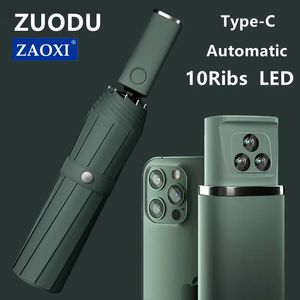 Parasol Zuodu 10rribs Automatyczne składanie parasolu z LED LED WITRPOOF LUART RAIN Portable Outdoor dla mężczyzn 231213