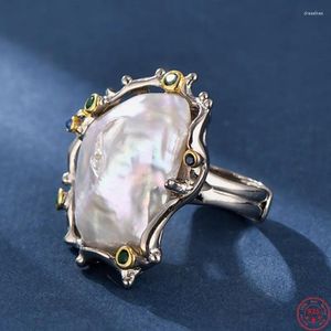 Cluster Rings S925 Sterling Silver For Women Fashion Barock Freshwater Pearl Micro Inlay Zircon Abstract Absideration Jewelry