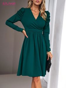 Grundläggande avslappnade klänningar Sflavor Kvinnor som arbetar Midi Elegant Vneck Puff Long Sleeve Solid Formal Dress 231212