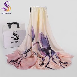 Byssifa Purple Blue Floral Ladies Silk Scarf Shawl Fashion Women Long Scarves Wraps Autumn Winter Elegant Female Head Scarf Y20105049263