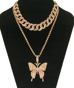 Hip Hop lodowane dhinestone Big Butterfly Naszyjnik kubański Zestaw łańcucha dla kobiet Oświadczenie Bling Crystal Animal Choker Jewelry8985432