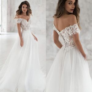 2024 Long Beach Wedding Dress Off The Shoulder A Line Tulle Bridal Gowns With Short Sleeve Lace Top Ivory Bohemian Bride Dresses Robe De Mariee