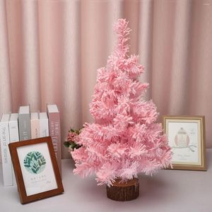 Christmas Decorations Simulation Pink Mini Tree With Wooden Block Base Artificial Flocking Desktop Ornaments Xmas Home Office Decoration