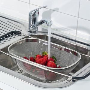 Retractable Drain Basket Rubber Grip Handles Stainless Steel Oval Colander Sink Vegetables Draining Rack Drain washing basket T200206n