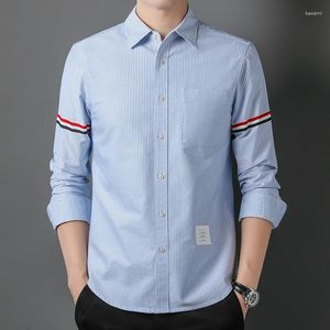 Erkekler Sıradan Gömlek Yüksek Son Kaliteli Pamuk Gömlek Çizgili Yakası 4 Bar Çıkartmaları Uzun Kollu 2023 Koreli Sonbahar/Kış Giysileri