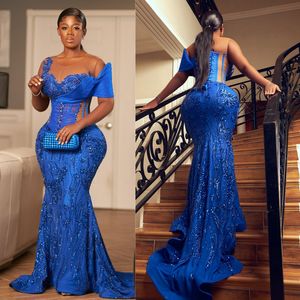 Plus Size Aso Ebi Prom Dresses Blue Sheer Neck Mermaid Evening Dress Illusion Lace Beaded Second Reception Gowns Engagement Birthday Party Vestido De Soierr AM160