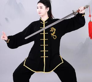 Этническая одежда оптом китайские мужчины женщины кунг-фу костюмы вышитый золотой дракон с длинным рукавом тай-чи боевое искусство униформа комплект 231212
