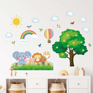 Мультяшные животные, дерево, радуга, облака, солнце, наклейки на стену для детской комнаты, детские наклейки на стены, декоративные наклейки для дома, обои