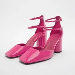 Dress Shoes Spring Summer Chunky Heel Pumps Shallow Design Women Buckle Strap Sandals Lacquer Leather Sandalias De Mujer Pink Zapatos