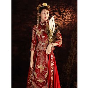 Ethnische Kleidung Traditionelles chinesisches hochwertiges Stickerei-Hochzeitskleid Braut rot plissiert Xiuhe Retro raffiniert stilvoll heiraten Cheongsam 231212