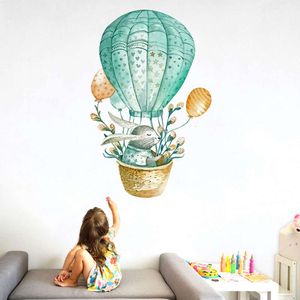 Watercolor Green Rabbit Hot Air Balloon Wall Stickers for Kids Room Bedroom Home Decor Wall Decals Baby Nursery Home Decoration