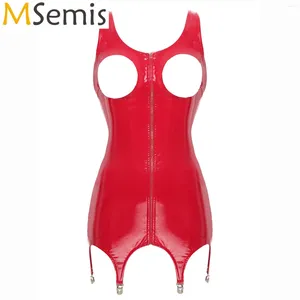 Casual Dresses Womens Sexy Open Cup Dress With Garter Clips Zipper Crotch Lingerie Patent Leather Wet Look Hollow OutClubwear Costumes