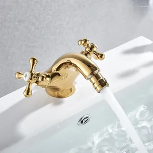 バスルームシンク蛇口Vidric Myqualife Gold Bidet Basin Faucet Dual Handles Water Brassシングルホールデッキマウントミキサータップ