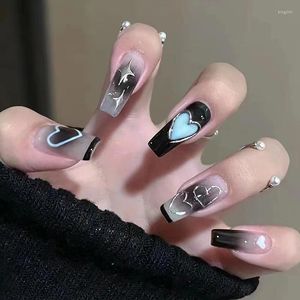 False Nails 24Pcs Black Love Design Fake With Rhinestone Long Ballet Full Cover Nail Tips Wearable French Press On