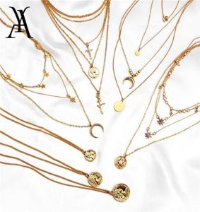 Bohemian Gold Color Star Moon Layed Necklace For Women Vine Geometric Portrait Coin Pendant Long Necklace Choker krage2566705