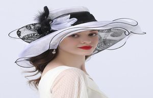 2021 Nya kvinnor Wide Brim Feather Flower Summer Sun Organza Kentucky Derby Fascinator Elegant Cocktail Party Church Wedding Hat IP49166637