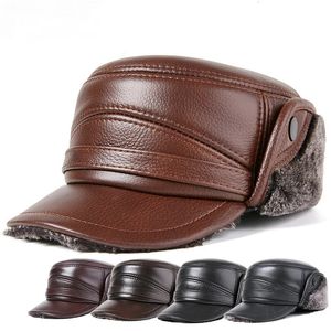 Trapper Chapéus Couro Genuíno Homens Inverno Cap Super Quente Fleece À Prova de Vento Chapéu Ajustável Militar Cadete Exército Flat Top com Earflap 231212