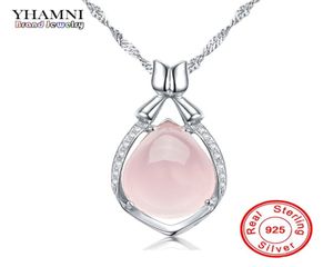 Yhamni Luxury Solid 925 Sterling Silver Pink Gem Crystal Pendant Necklace天然石水滴ネックレスDZ0566582097
